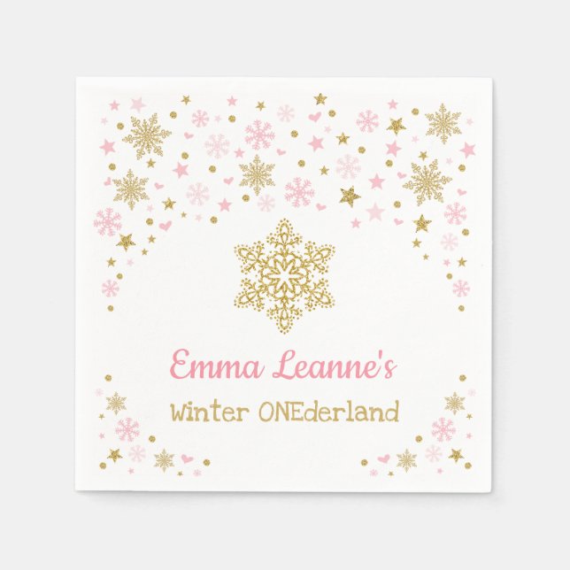 Winter Snowflake Pink Gold Birthday Baby Shower Napkins (Front)