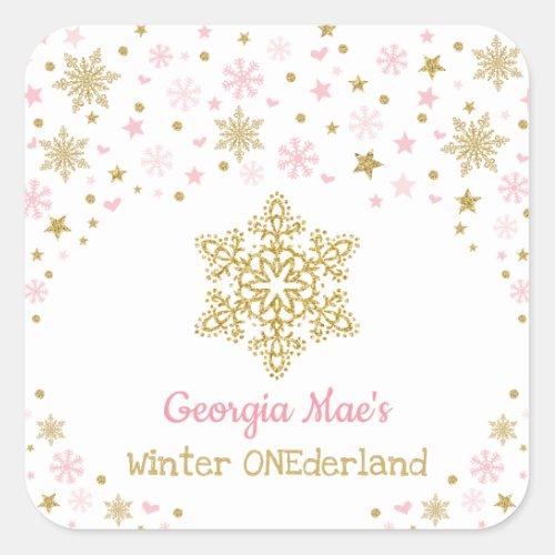 Winter Snowflake Pink Gold Birthday Party Favors Square Sticker