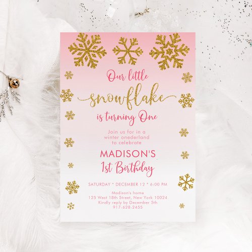 Winter Snowflake Pink Gold First Birthday Invitation