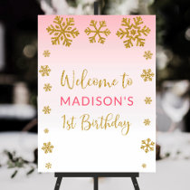 Winter Snowflake Pink Gold First Birthday Welcome Foam Board