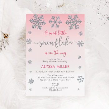 Winter Snowflake Pink Silver Baby Shower Invitation by LittlePrintsParties at Zazzle