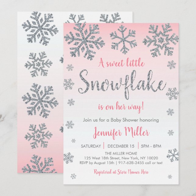 Winter Snowflake Pink & Silver Baby Shower Invitation (Front/Back)