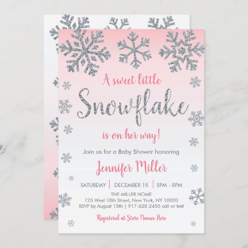 Winter Snowflake Pink  Silver Baby Shower Invitation