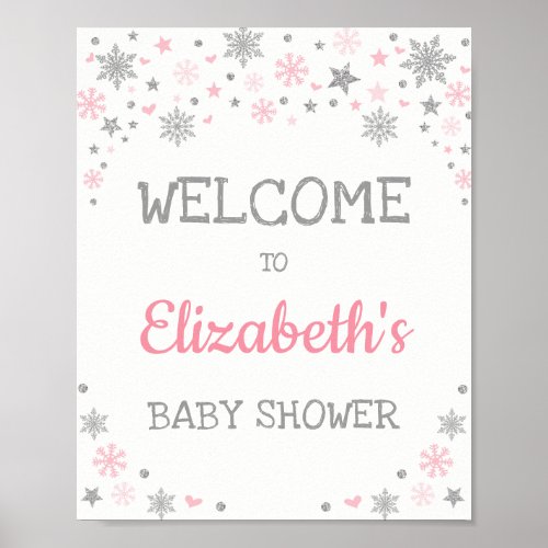 Winter Snowflake Pink Silver Baby Shower Welcome Poster