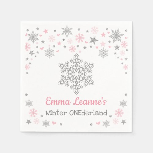 Winter Snowflake Pink Silver Birthday Baby Shower Napkins