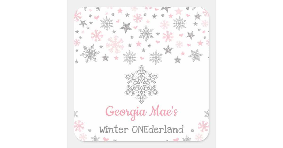 Winter Snowflake Pink Silver Birthday Party Favors Square Sticker