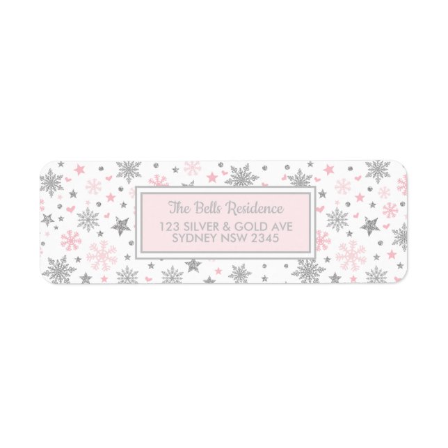 Winter Snowflake Pink Silver Birthday Party Shower Label (Front)