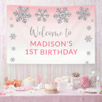 Winter Snowflake Pink Silver First Birthday Banner