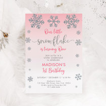 Winter Snowflake Pink Silver First Birthday Invitation