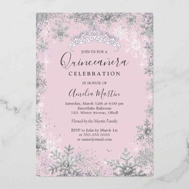 Winter Snowflake Pink Silver Quinceanera Foil Invitation (Front)