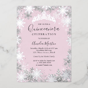 Winter Snowflake Pink Silver Quinceanera Foil Invitation