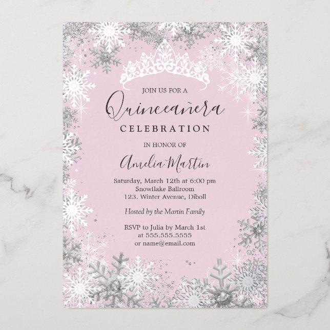 Winter Snowflake Pink Silver Quinceanera Foil Invitation (Front)