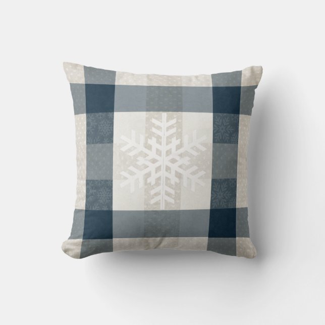 Winter Snowflake Plaid Favorite Things Blue Cream  Throw Pillow (Front)