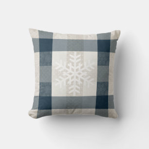 Winter Snowflake Plaid Favorite Things Blue Cream Throw Pillow