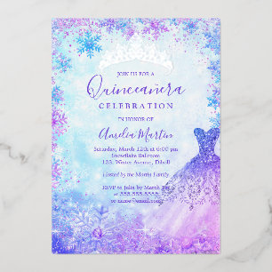 Winter Snowflake Purple Pink Blue Quinceanera Foil Invitation