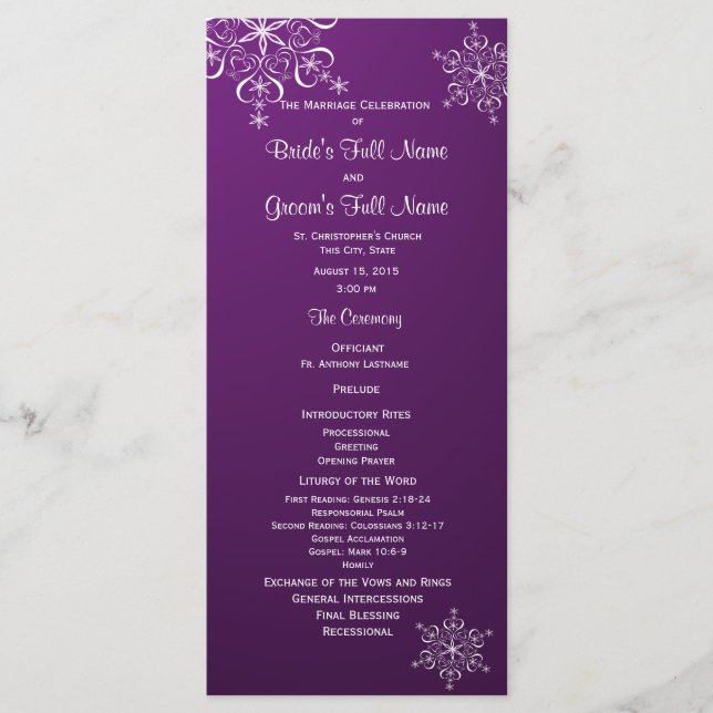Winter Snowflake Purple Wedding Program (Front)