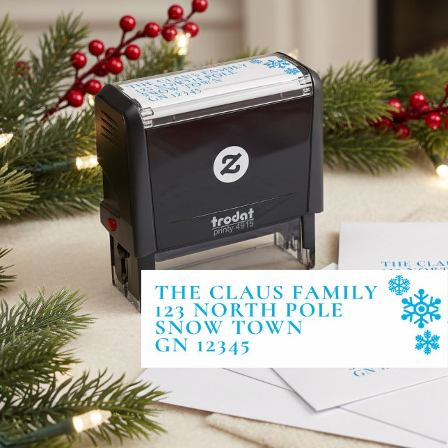 Winter Snowflake Return Address Christmas Self-inking Stamp (Contemporary blue snowflake design to complement your stylish holiday greetings.)