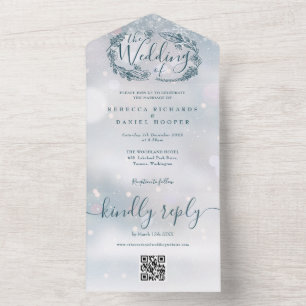Winter Snowflake Rustic Floral QR Code Wedding All In One Invitation