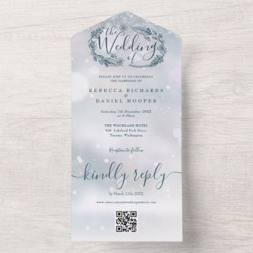 Winter Snowflake Rustic Floral QR Code Wedding All In One Invitation