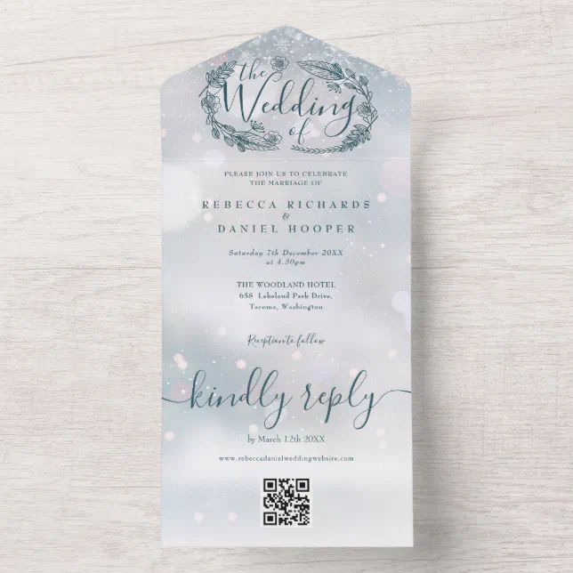 Winter Snowflake Rustic Floral QR Code Wedding All In One Invitation ...