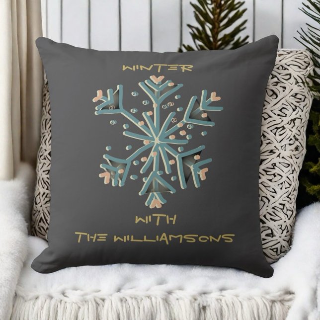 Winter snowflake script gray teal peach gold chic throw pillow (Creator Uploaded)