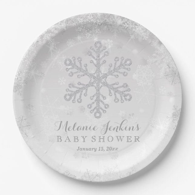 Winter Snowflake Silver Baby Shower Paper Plates (Front)