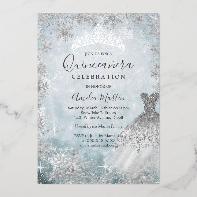 Winter Snowflake Silver Blue Quinceanera Foil Invi Foil Invitation (Front)