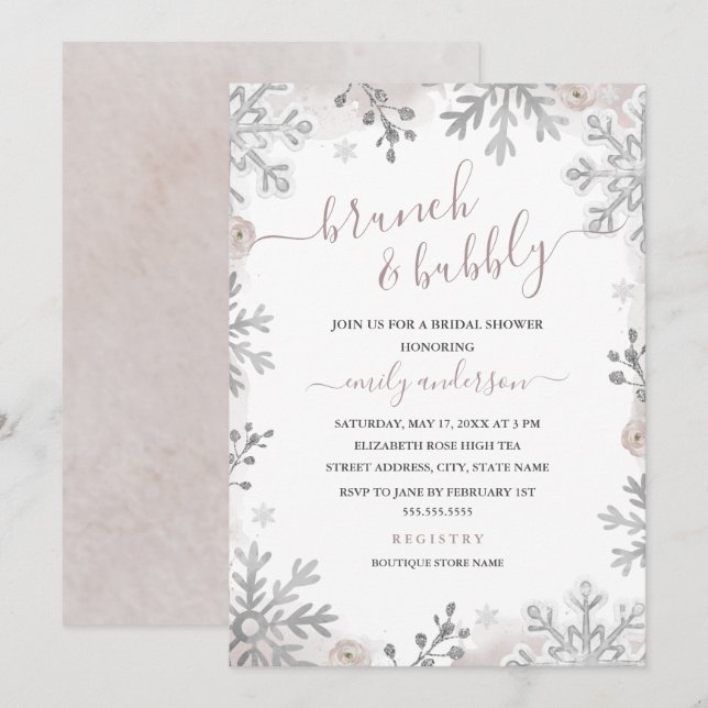 Winter Snowflake Silver Blush Brunch And Bubbly Invitation (Front/Back)