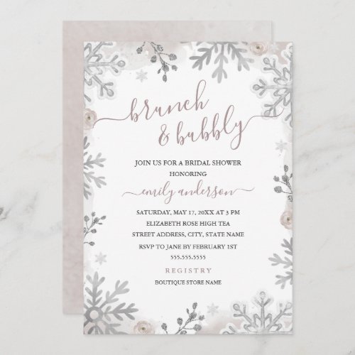 Winter Snowflake Silver Blush Brunch And Bubbly Invitation