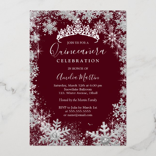 Winter Snowflake Silver Burgundy Quinceanera Foil Invitation (Front)