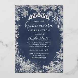 Winter Snowflake Silver Navy Quinceanera Foil Invitation