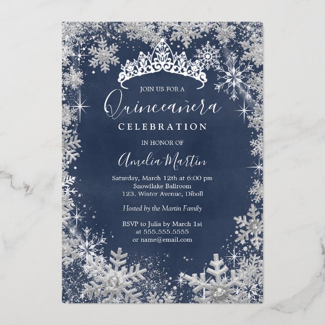 Winter Snowflake Silver Navy Quinceanera Foil Invitation (Front)