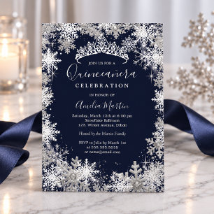 Winter Snowflake Silver Navy Quinceanera Foil Invitation