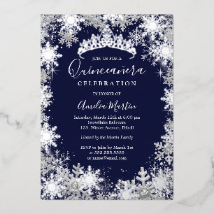 Winter Snowflake Silver Navy Quinceanera Foil Invitation