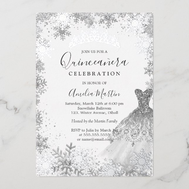 Winter Snowflake Silver Quinceanera  Foil Invitation (Front)