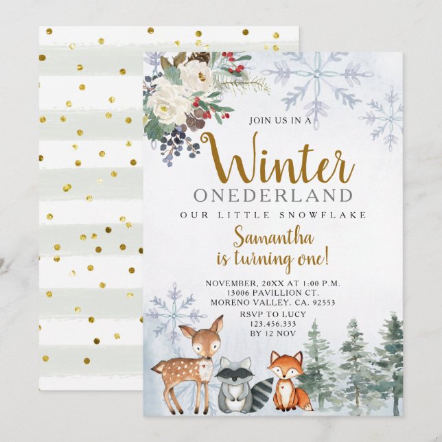 Winter Snowflake Sleigh Birthday Animals Woodland Invitation (Front/Back)