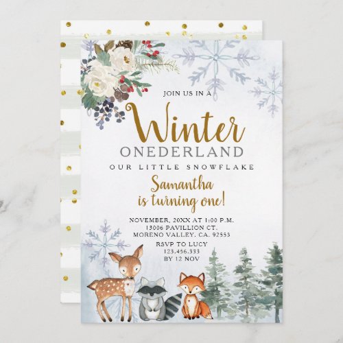 Winter Snowflake Sleigh Birthday Animals Woodland Invitation