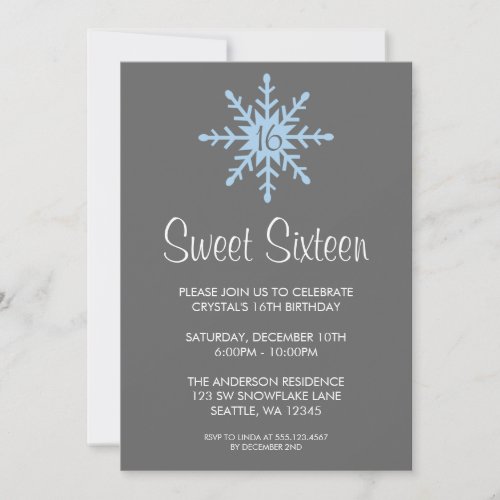 Winter Snowflake Sweet 16 Birthday Party Custom Invite