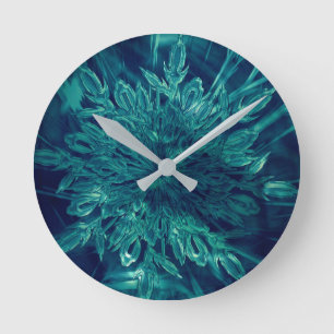 Winter snowflake teal blue green frost round clock