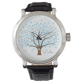 Winter Snowflake Tree Vintage Leather Strap Watch
