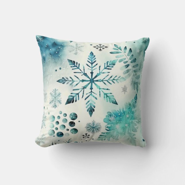 Winter Snowflake Turquoise and White Christmas Throw Pillow (Front)