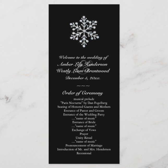 Winter Snowflake Wedding Program (black) (Front)