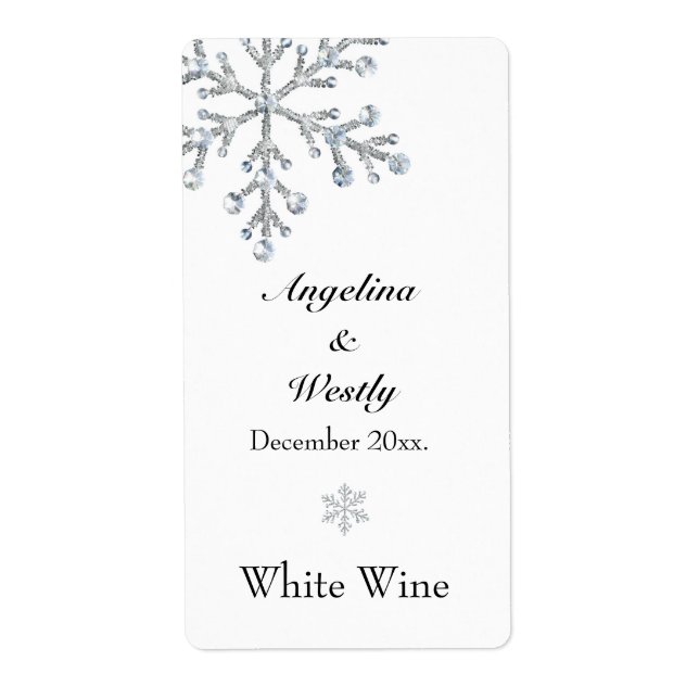 Winter Snowflake Wedding Wine Label (Front)