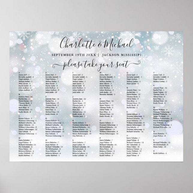 Winter Snowflakes 200 Names Wedding Seating Chart (Front)