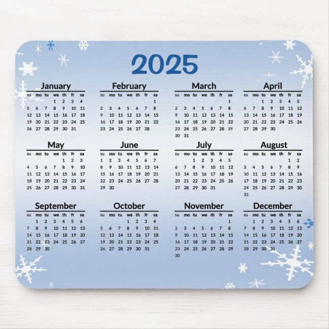 Winter Snowflakes 2025 Blue Calendar Mousepad