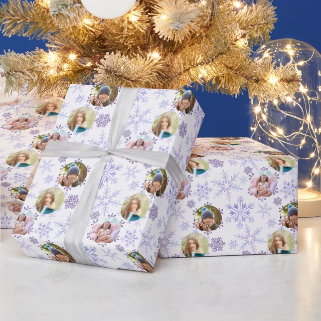 Winter Snowflakes and 3 Photo Pattern Purple Wrapping Paper (Holidays)