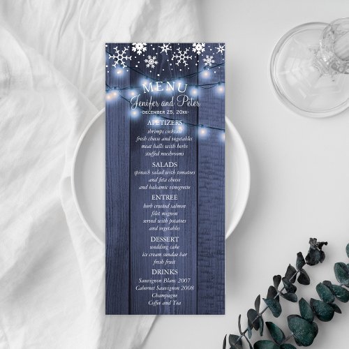 Winter snowflakes and lights barn wood menu