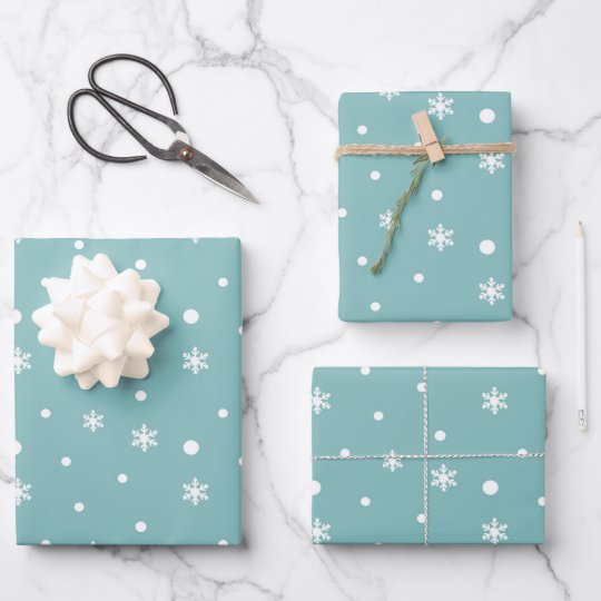 Winter Snowflakes and Polka Dots Pattern in Teal Wrapping Paper Sheets