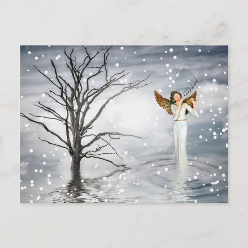 Winter Snowflakes Angel Playing Flute Music  Holiday Postcard
