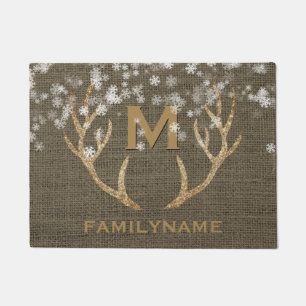 Winter Snowflakes Antlers Rustic Burlap Monogram Doormat